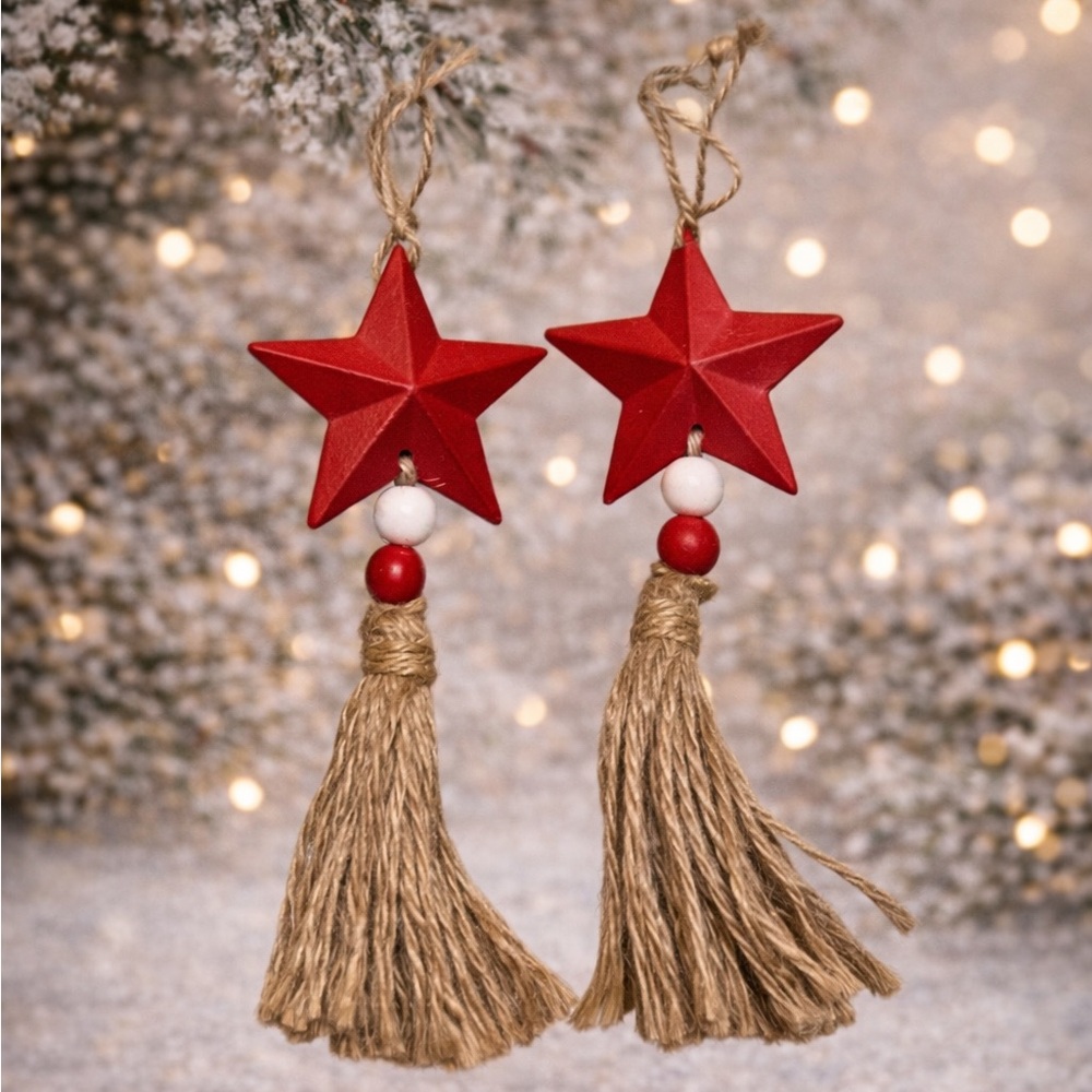 Holiday Rustic Tassel Star Christmas Ornament set of 2